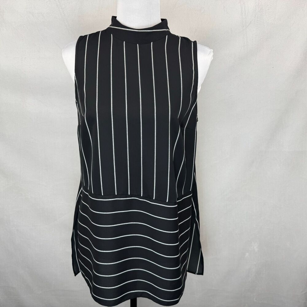 Nine West Top Sz S Black White Striped Sleeveless Mock Neck Slit Sides